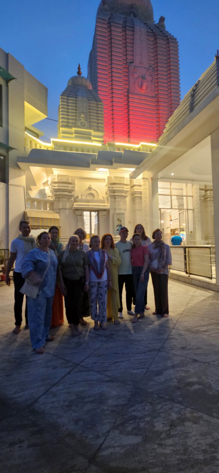 The group at a temple in Rishikesh at dusk
