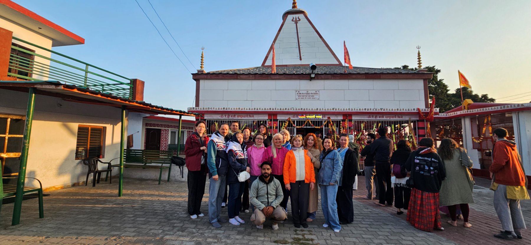 The group at a temple in Rishikesh in the early morning light